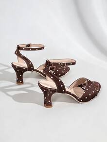 2026 New Women's Brown Polka Dot Satin Kitten Heel Mule High Heel Sandals, Elegant For Commute, Daily, Date, Party, Wedding, Women's Shoes Outfit - Brown - View 7