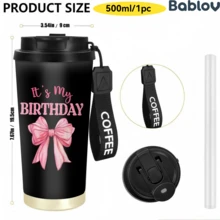 1/5 Stück 18oz Edelstahl Kaffee Becher, Es ist mein Geburtstag Rosa Schleife Muster Reisebecher, Multifunktions Klappstroh Deckel, Schwarzer Kaffee Schlüsselband, Ideales Geburtstagsgeschenk für Mädchen und Frauen, Geeignet für Party, Reise, Zuhause und Alltag - Bogen - Übersicht 9