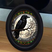 1pc Vintage Colorful Glass Style Black Crow Decorative Picture Frame, Black Frame Round Wall Decor, Handmade Wooden Art Craft, Suitable For Home And Office Decoration, Crow Full Moon Starry Night Theme Creative Craft, Ideal Gift And Collectible - 259 - View 3