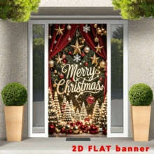 2D Flag - Merry Christmas Theme Banner Background, Featuring Golden Stars, Christmas Balls, Snowflakes, Christmas Trees And Red Backdrop Elements. No Power Supply Required. - A - View 3