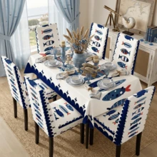 1/4/5/6/7pcs Blue And White Cartoon Fish Ocean Pattern Printed Chair Covers/Chair Slipcovers Set, Suitable For Indoor Home, Restaurant, Hotel, Ideal Choice For Modern Daily Decor. Tablecloth Fits Square Dining Table, Elastic Chair Covers Are Washable. - Multicolor - View 2