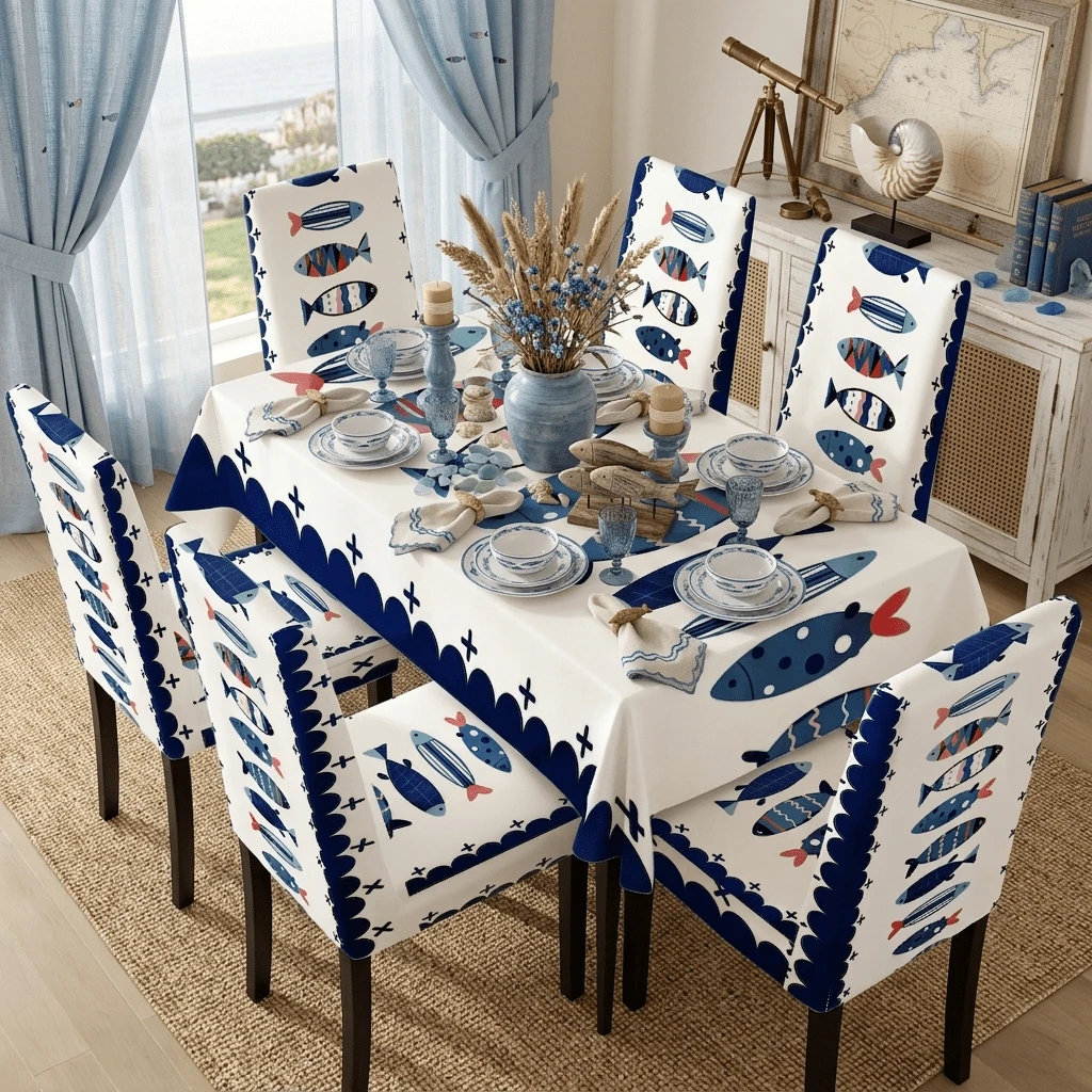1/4/5/6/7pcs Blue And White Cartoon Fish Ocean Pattern Printed Chair Covers/Chair Slipcovers Set, Suitable For Indoor Home, Restaurant, Hotel, Ideal Choice For Modern Daily Decor. Tablecloth Fits Square Dining Table, Elastic Chair Covers Are Washable.