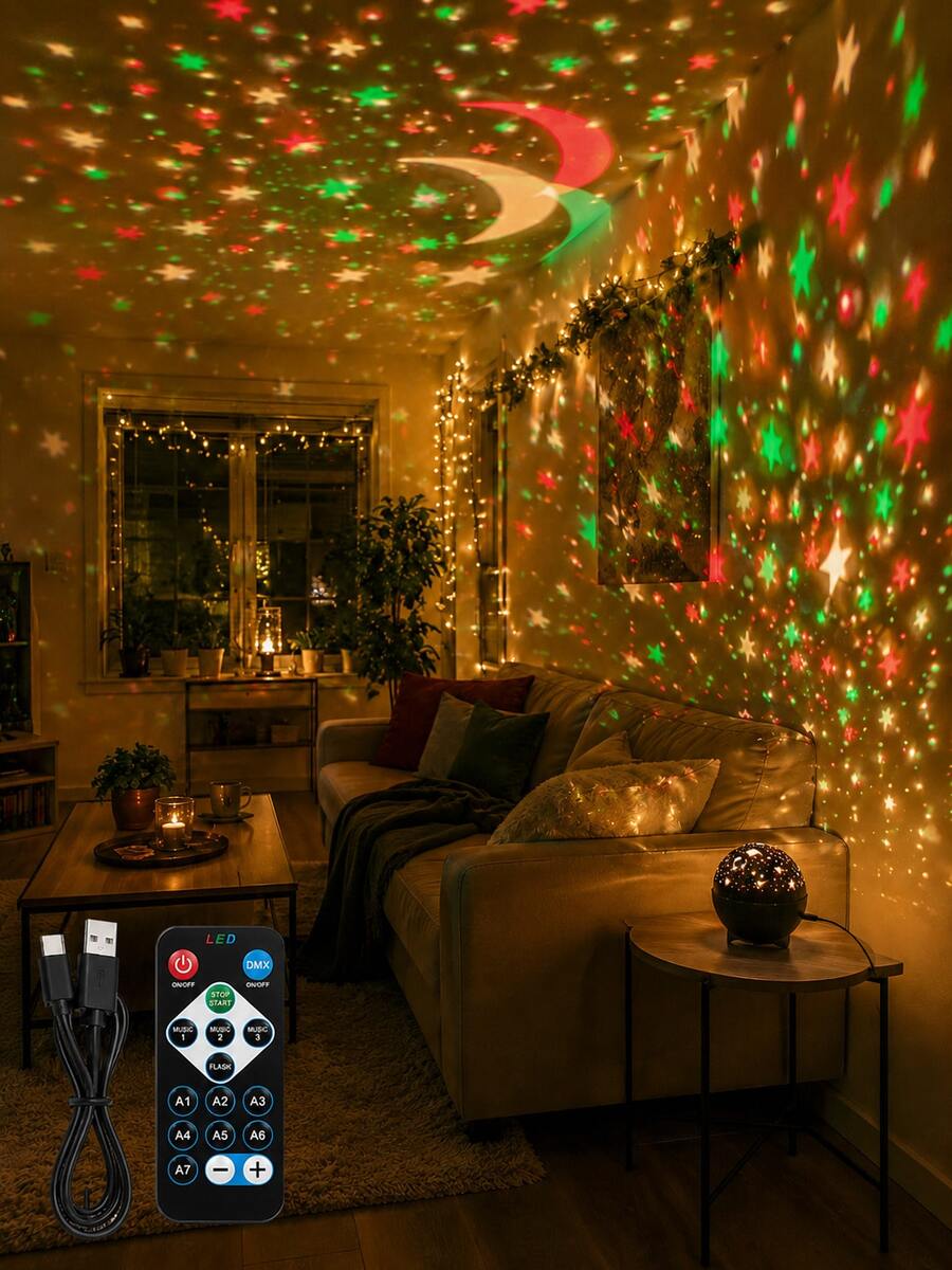1pc [Starry Sky Projection Lamp] Black Spherical Star & Moon Night Light, Colorful Star & Moon Wall Light Effect | Suitable For Bedroom, Kids Room, Party, Holiday Decoration