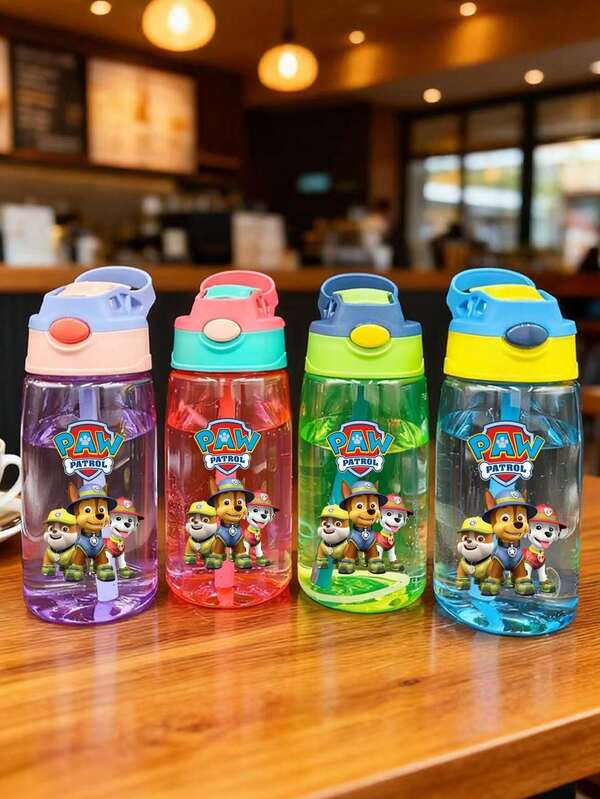 1pc Paw Patrol 550ml/18oz Party Water Bottle, Large Capacity With Straw, Portable Handle, Leak-Proof, Suitable For Birthday Party, Thanksgiving Party, Halloween Party, Christmas Party