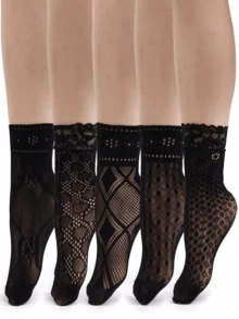 5 Pairs Lace Short Socks, Hollow Fishnet Socks, High Elasticity Women's Calf Socks, Women's Mid-Calf Socks, Short Socks - Black - View 6