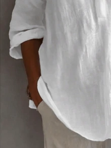 Plus Size Women's Solid Color Button Design Half-Open Collar Shirt, Comfortable For Daily Wear White, Aesthetic - White - View 4