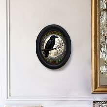 1pc Vintage Colorful Glass Style Black Crow Decorative Picture Frame, Black Frame Round Wall Decor, Handmade Wooden Art Craft, Suitable For Home And Office Decoration, Crow Full Moon Starry Night Theme Creative Craft, Ideal Gift And Collectible - 259 - View 10