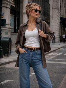 1/2pcs Metal Geometric Buckle Belt, Solid Color Minimalist Versatile Belt Suitable For Pants And Skirts - Gold Buckle - View 2