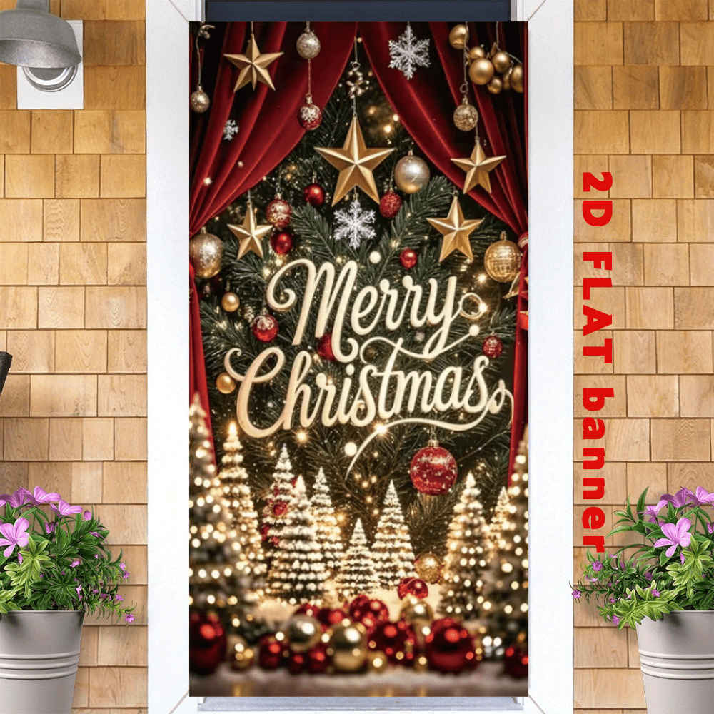 2D Flag - Merry Christmas Theme Banner Background, Featuring Golden Stars, Christmas Balls, Snowflakes, Christmas Trees And Red Backdrop Elements. No Power Supply Required.