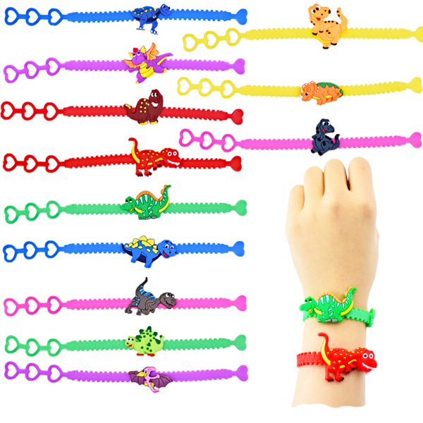 12/24pcs Dinosaur Bracelets, 3-Hole Adjustable PVC Soft Rubber Wristbands, Dinosaur Theme Party Birthday Party Decoration, Small Gifts