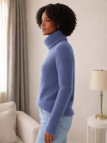 Furry Spotted Turtleneck Rabbit Wool Blouse – Soft, Elegant And Comfortable Rabbit Wool Turtleneck Blouse | Sophistication And Comfort - Azul Névoa - 查看 2