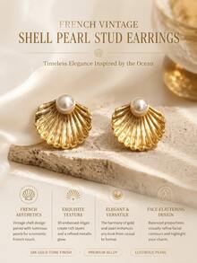 1 Pair Bohemian Ocean Vacation French Luxury 18K Gold Plated Seashell Pearl Stud Earrings, 316 Stainless Steel Hypoallergenic Earrings For Women, Back To School, Daily Commute, Workplace, Campus, Date, Party, Best Friend Gathering, Spring Outing, Vacation, Music Festival, Wedding, Holiday, Versatile - White - View 4