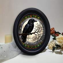 1pc Vintage Colorful Glass Style Black Crow Decorative Picture Frame, Black Frame Round Wall Decor, Handmade Wooden Art Craft, Suitable For Home And Office Decoration, Crow Full Moon Starry Night Theme Creative Craft, Ideal Gift And Collectible - 259 - View 11