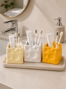 1pc Glossy Cheese Style Toothbrush Holder, Bathroom Vanity Storage Organizer For Toothbrushes, Toothpaste, Cleaning Swabs, Floss Picks, Countertop Caddy, Decorative Bathroom Accessories, Home Organization Container - Multicolor - View 4