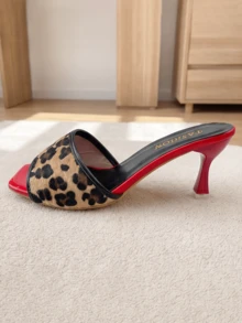 Popular Best-Selling Leopard Print Patchwork Red Youth Sandals, Leopard Print Wide Strap Comfortable Fit High Heel Shoes, Retro Style - Black - View 4