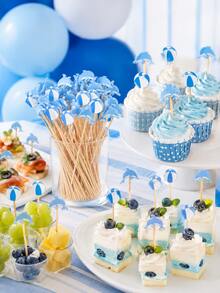 100pcs Blue Dolphin And Beach Ball Cocktail Picks, Bamboo Appetizer Picks, Fruit Picks, Dessert Sticks, Cupcake Decor Picks, Suitable For Ocean Theme Birthday, Summer Pool Party, Beach Party, Hawaiian Luau Party, Table Decoration - Dolphin Beach Ball Bamboo Sticks - View 7