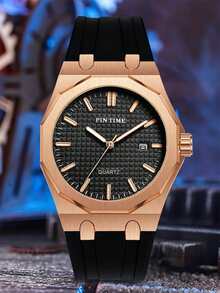 1pc Men's Black Octagonal Quartz Watch, White Plaid Dial With Date, Silicone Strap, Minimalist Business Sports Style, Waterproof For Daily Wear - Rose Gold - View 4