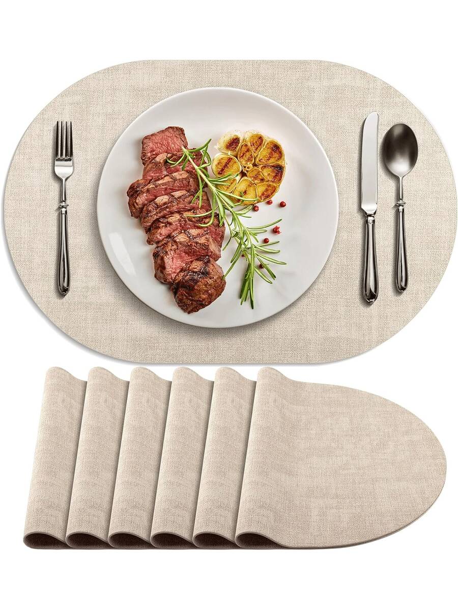 2/4/6pcs Beige Washable Heat-Resistant Placemats, Wipe-Clean Faux Leather Oval Placemats, Non-Slip & Waterproof For Indoor & Outdoor Use