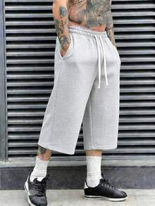 Men's 3/4 Length Sweatpants Shirt, 1pc American Loose Silhouette 3/4 Sweatpants, Wide Leg 3/4 Design Flattering Leg Shape Summer - Light Grey - View 2