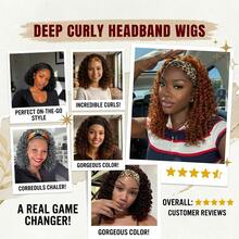 Blonde Curly Headband Wig 12 Inch Kinky Ombre Brown Mixd Blonde Highlighted Headband Wigs For Women Short Glueless No Lace Deep Curly Half Hair Wigs (T33/27) - 12inch-Curly-T33/27 - 查看 3