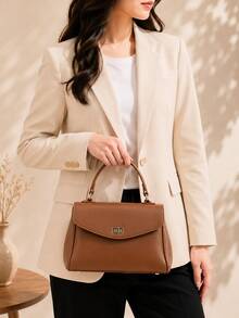 Women's Stylish Solid Color Handbag, Flap Closure With Lock, Versatile For Shoulder, Crossbody Wear, Large Capacity, Sophisticated Look For Commuting - Brown - View 3