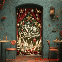 2D Flag - Merry Christmas Theme Banner Background, Featuring Golden Stars, Christmas Balls, Snowflakes, Christmas Trees And Red Backdrop Elements. No Power Supply Required. - A - View 4