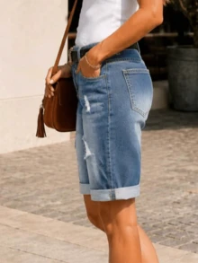 Women's Mid-Waist Distressed Ripped Denim Bermuda Shorts, Washed Rolled Hem Straight Leg Knee-Length Casual Summer Shorts - Light Wash - View 5