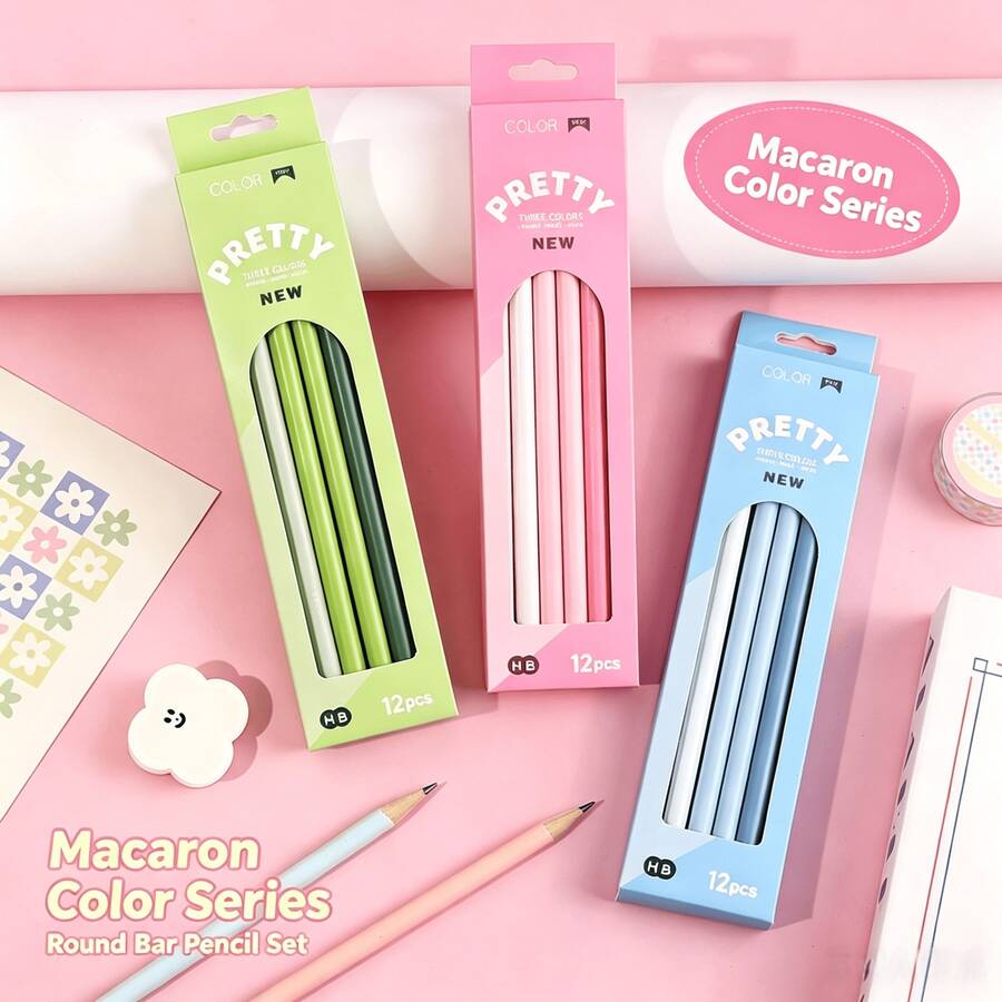 12pcs Macaron Solid Color Round HB Wooden Pencils, Macaron Color Series Minimalist Wooden Writing Pencil Set, Smooth Sketching Drawing Stationery, Student Back To School Exam Supplies - A - View 1