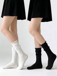 1/2 Pairs Summer Sweet Minimalist Versatile Multi-Bow Ruffle Mid-Calf Socks - Multicolor - View 9