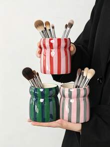 1pc INS Style Hand-Painted Dual-Color Striped Ceramic Storage Tube, Makeup Organizer, Makeup Brush Holder, Eyebrow Pencil Eyeliner Lipstick Storage, Desktop Decor Ornament, Holiday Gift For Family And Friends - Multicolor - View 11