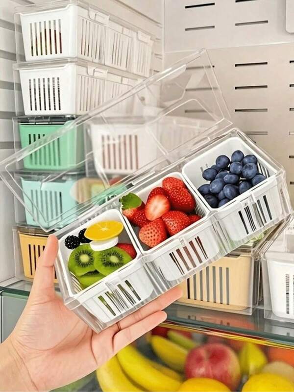Accesorios de cocina para refrigerador con tapa, 3 piezas de bandejas de drenaje cuadradas transparentes y removibles, adecuadas para almacenar ensaladas, frutas, verduras, condimentos, recipientes de comida para picnic de verano