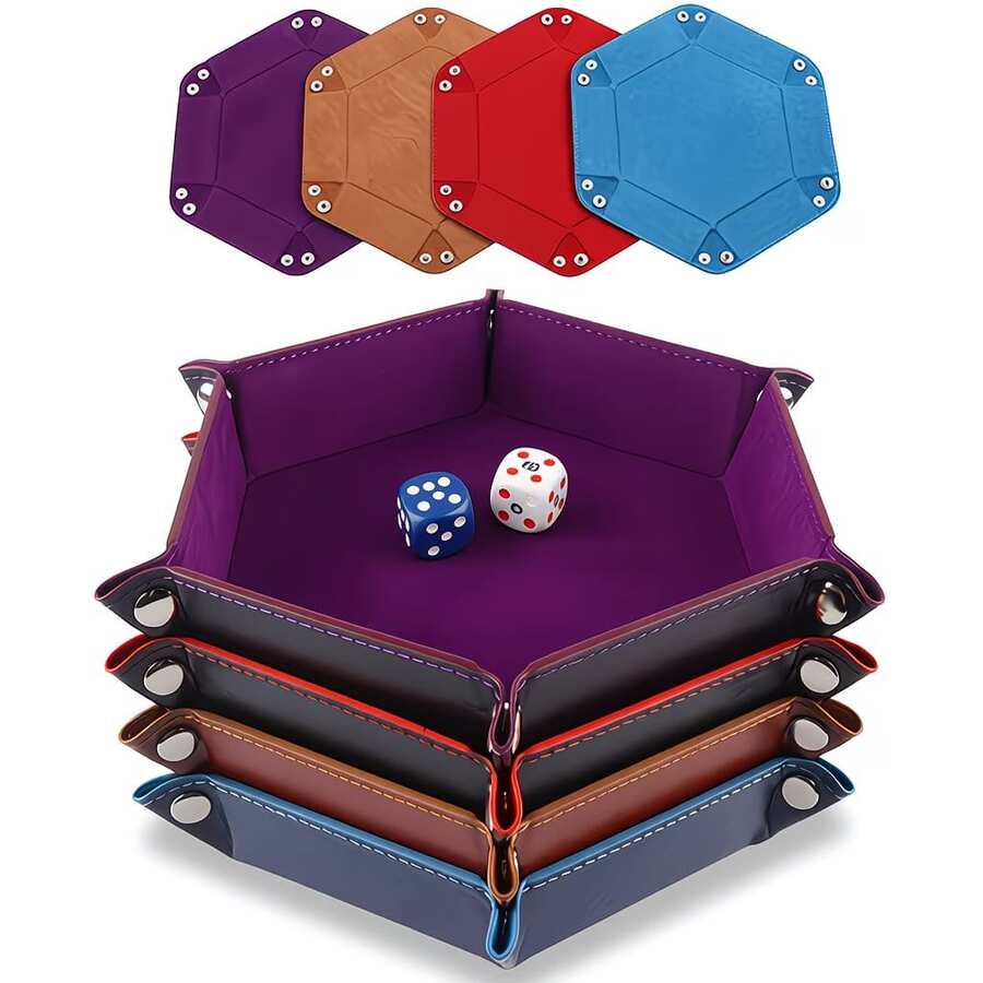 1 pieza Bandeja de almacenamiento plegable de cuero PU y terciopelo, bandeja hexagonal para dados, caja de almacenamiento para dados, organizador de juegos de dados de escritorio regular, juego de fiesta del Día de San Valentín, rodillo de dados para juego de fiesta del Día de San Valentín, fiesta de invierno, fiesta de primavera, fiesta interior - Multicolor - Ver 1