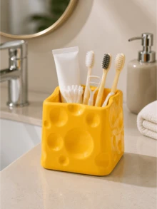 1pc Glossy Cheese Style Toothbrush Holder, Bathroom Vanity Storage Organizer For Toothbrushes, Toothpaste, Cleaning Swabs, Floss Picks, Countertop Caddy, Decorative Bathroom Accessories, Home Organization Container - Multicolor - View 7