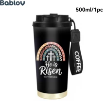 1/5個 18oz 不鏽鋼保溫咖啡隨行杯，He Is Risen 豹紋愛心彩虹十字架圖案旅行杯，多功能翻蓋吸管杯蓋，黑色 COFFEE 掛繩，基督徒理想禮物，適合教會旅行崇拜日常使用 - 彩虹 - 查看 5