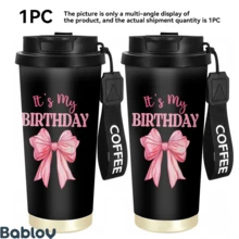 1/5 Stück 18oz Edelstahl Kaffee Becher, Es ist mein Geburtstag Rosa Schleife Muster Reisebecher, Multifunktions Klappstroh Deckel, Schwarzer Kaffee Schlüsselband, Ideales Geburtstagsgeschenk für Mädchen und Frauen, Geeignet für Party, Reise, Zuhause und Alltag - Bogen - Übersicht 3