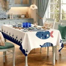 1/4/5/6/7pcs Blue And White Cartoon Fish Ocean Pattern Printed Chair Covers/Chair Slipcovers Set, Suitable For Indoor Home, Restaurant, Hotel, Ideal Choice For Modern Daily Decor. Tablecloth Fits Square Dining Table, Elastic Chair Covers Are Washable. - Multicolor - View 3