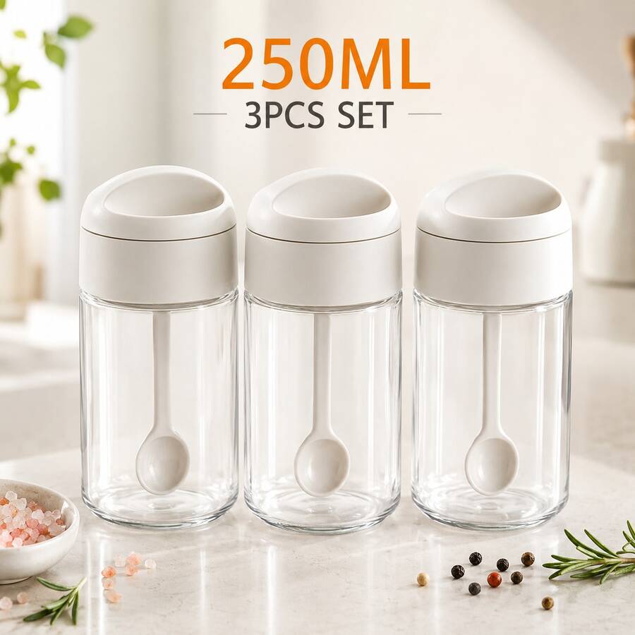 Bộ 3 hũ đựng gia vị bằng thủy tinh kín có nắp tích hợp thìa - Hộp đựng gia vị bằng nhựa kín khí, nắp trong suốt, thích hợp cho nhà bếp gia đình, tuyệt vời để bảo quản các loại thảo mộc và gia vị.