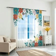 2pcs Colorful Floral & Green Leaf Sheer Curtains, Bohemian Pastoral Style Window Decor, 2D Flat Print, Rod Pocket Style, Lightweight & Translucent, No Lining, Floral Sheer Curtains, Window Sheer Curtains, Bedroom & Living Room Window Sheers, Only Includes Sheer Curtains, No Accessories - Multicolor - View 13