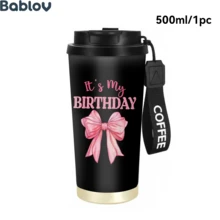 1/5 Stück 18oz Edelstahl Kaffee Becher, Es ist mein Geburtstag Rosa Schleife Muster Reisebecher, Multifunktions Klappstroh Deckel, Schwarzer Kaffee Schlüsselband, Ideales Geburtstagsgeschenk für Mädchen und Frauen, Geeignet für Party, Reise, Zuhause und Alltag - Bogen - Übersicht 5
