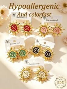 5 pares de pendientes de botón de mujer de moda hipoalergénicos de acero inoxidable 304 con diseño de girasol, pendientes de espiral esmaltados, joyería chapada en oro que no se desvanece - Multicolor - Ver 1