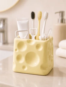 1pc Glossy Cheese Style Toothbrush Holder, Bathroom Vanity Storage Organizer For Toothbrushes, Toothpaste, Cleaning Swabs, Floss Picks, Countertop Caddy, Decorative Bathroom Accessories, Home Organization Container - Multicolor - View 9
