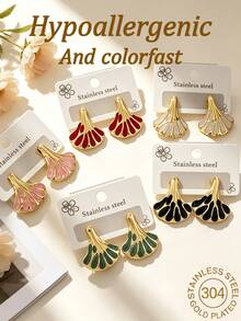 Vintage Fan-Shaped Color-Block Enamel Stainless Steel Earrings, Colorful Ginkgo Leaf Gold-Trim Exaggerated Stud Earrings, Women's Fashion Jewelry, Waterproof Hypoallergenic Elegant Daily Commute Party Gift Earrings - Multicolor - View 1