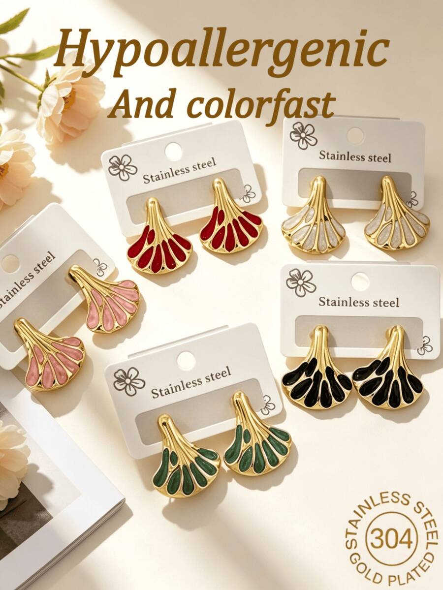 Vintage Fan-Shaped Color-Block Enamel Stainless Steel Earrings, Colorful Ginkgo Leaf Gold-Trim Exaggerated Stud Earrings, Women's Fashion Jewelry, Waterproof Hypoallergenic Elegant Daily Commute Party Gift Earrings - Multicolor - View 1