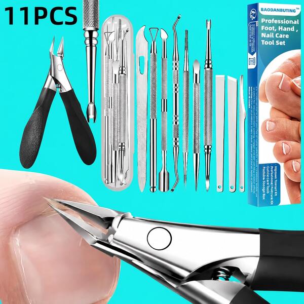 11pcs Ingrown Toenail Trimming Tool Set, Includes Curved Toenail Clippers, Designed For Thick Nails, Multi-Function Set With Foot File, Foot Rasp And Exfoliator, Creates Smooth Skin