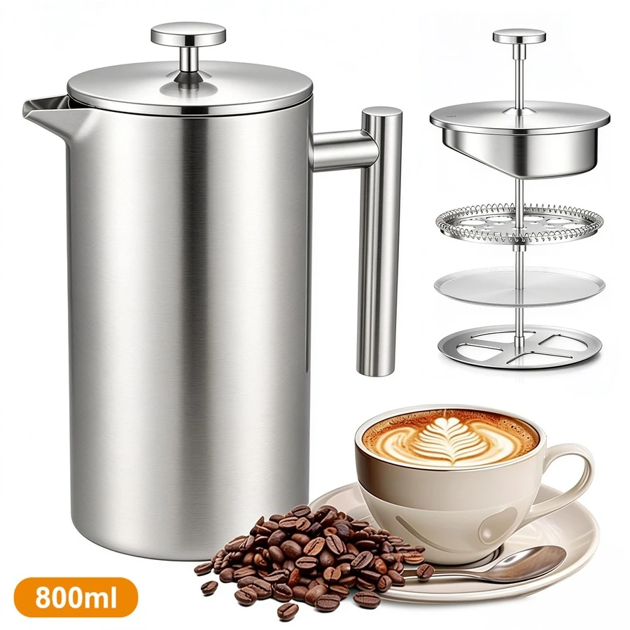 Crystals 800ml Stainless Steel French Press Coffee Maker Double Wall Tea & Coffee Plunger With Filter - Silver - View 1