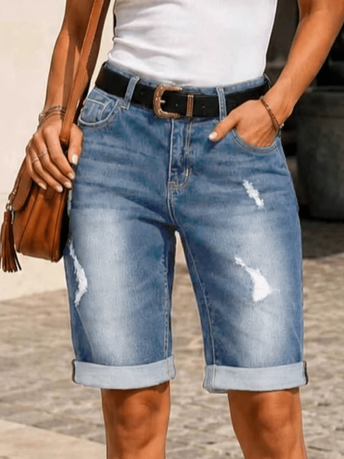 Women's Mid-Waist Distressed Ripped Denim Bermuda Shorts, Washed Rolled Hem Straight Leg Knee-Length Casual Summer Shorts - Light Wash - View 1