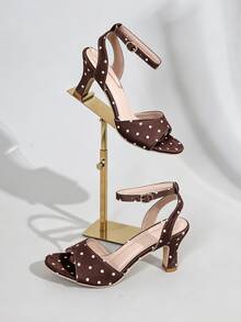 2026 New Women's Brown Polka Dot Satin Kitten Heel Mule High Heel Sandals, Elegant For Commute, Daily, Date, Party, Wedding, Women's Shoes Outfit - Brown - View 2
