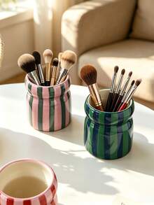 1pc INS Style Hand-Painted Dual-Color Striped Ceramic Storage Tube, Makeup Organizer, Makeup Brush Holder, Eyebrow Pencil Eyeliner Lipstick Storage, Desktop Decor Ornament, Holiday Gift For Family And Friends - Multicolor - View 9