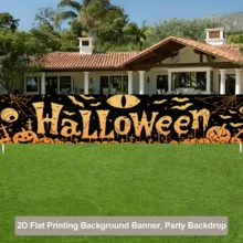 2D 平面萬聖節布製背景布,黑色底色配橘色「HALLOWEEN」字樣,含蜘蛛網、蝙蝠、南瓜燈、墓碑等元素,無需電源 - A - 查看 4
