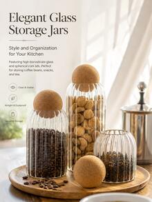 3pcs Glass Jars With Soft Cork Lids, Sealed Round Cork Stoppers, Transparent Candy Food Storage Containers For Spices, Salt, Sugar, Coffee, Tea, Kitchen Organizers Storage Jars - Transparent vertical stripes - View 4